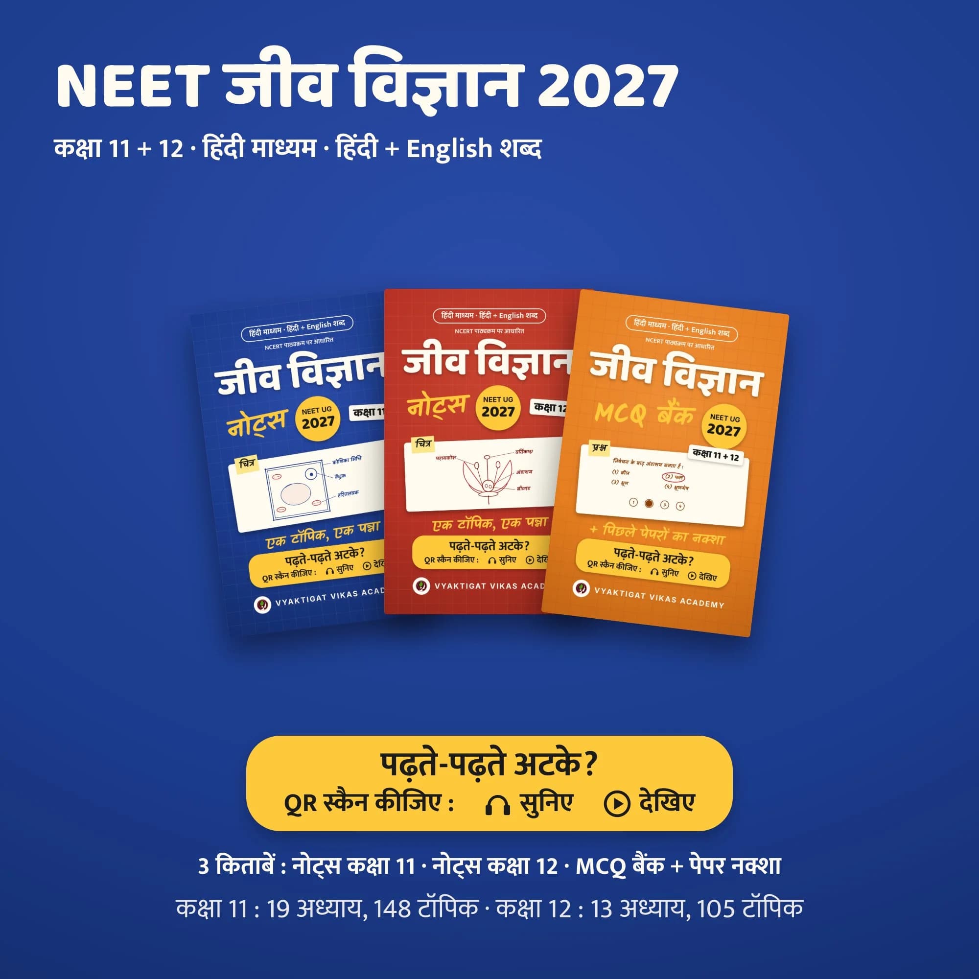 NEET जीव विज्ञान 2027 · पूरा सेट, 3 किताबें (कक्षा 11 + 12, हिंदी माध्यम) | Vyaktigat Vikas Academy