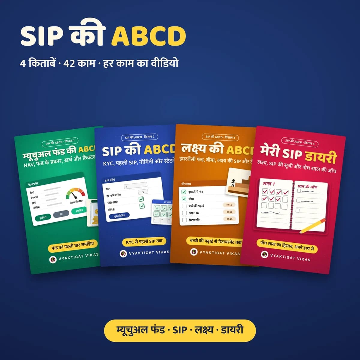 SIP की ABCD — म्यूचुअल फंड, पहली SIP, लक्ष्य का हिसाब और SIP डायरी : 42 काम, हर काम का वीडियो (4 हिंदी किताबें)