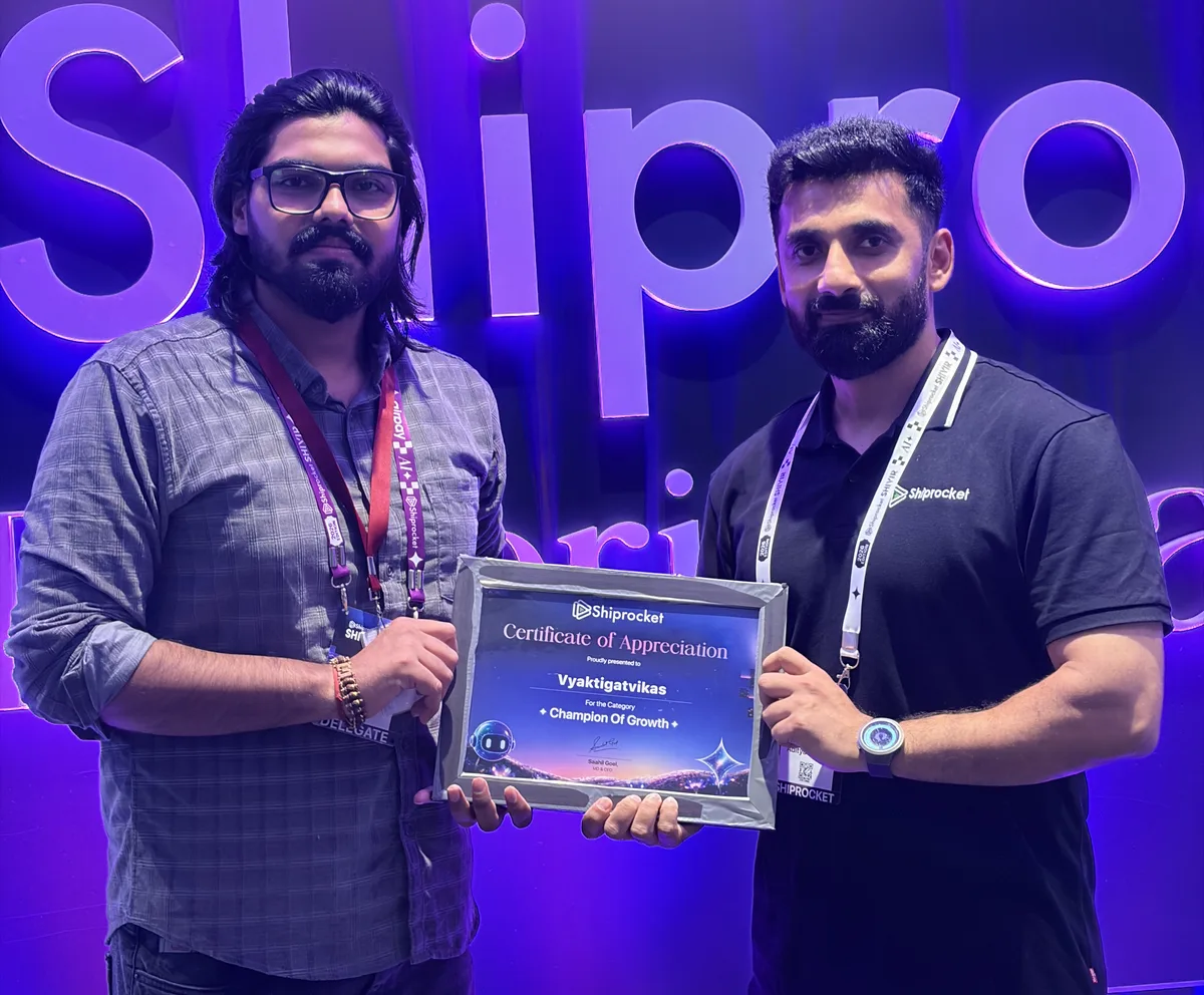 Shiprocket Certificate of Appreciation presented to Vyaktigatvikas for the category Champion Of Growth, at SHIVIR 2026