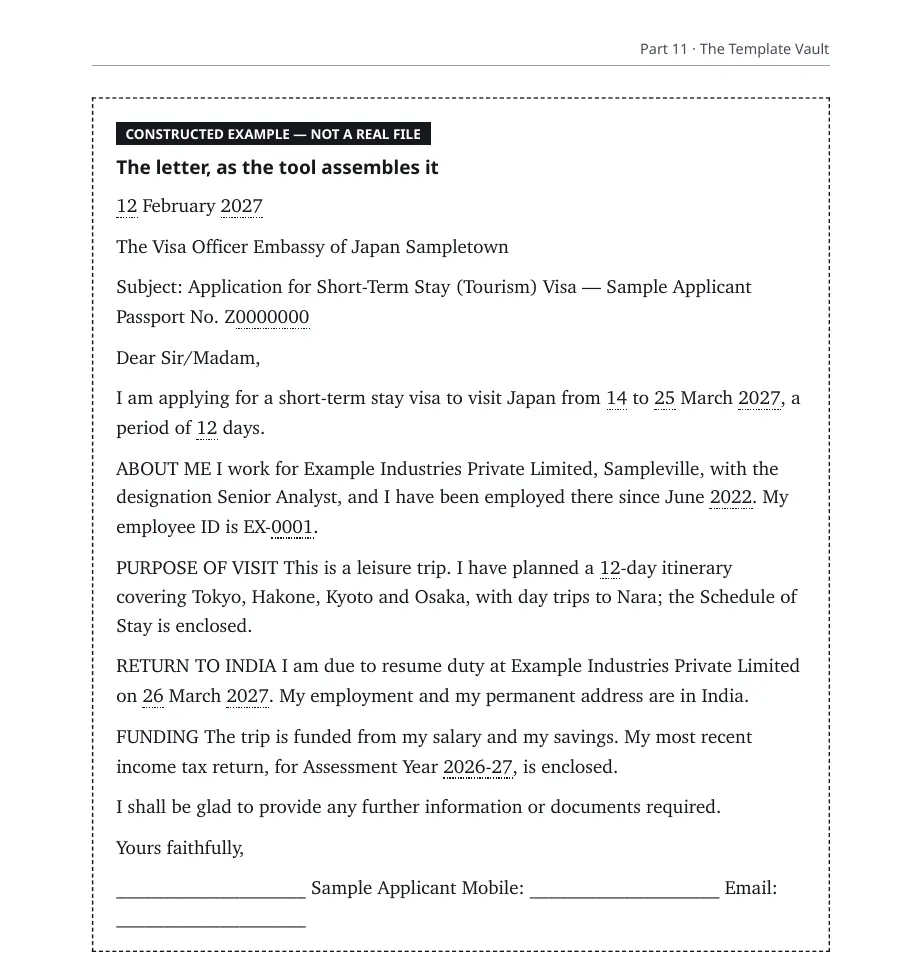 Book page 99: a specimen covering letter made by the free tool, marked as a constructed example, for an invented applicant