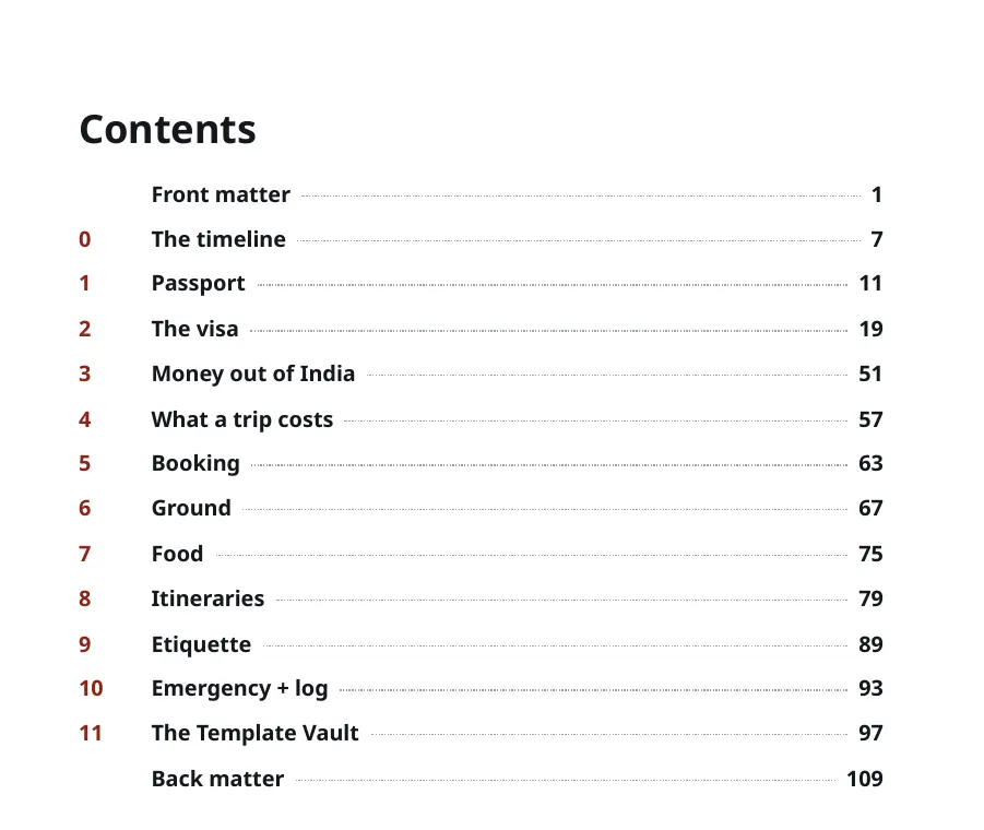Contents page of the Japan Travel Guide, listing twelve parts from the timeline to the Template Vault, plus front and back matter