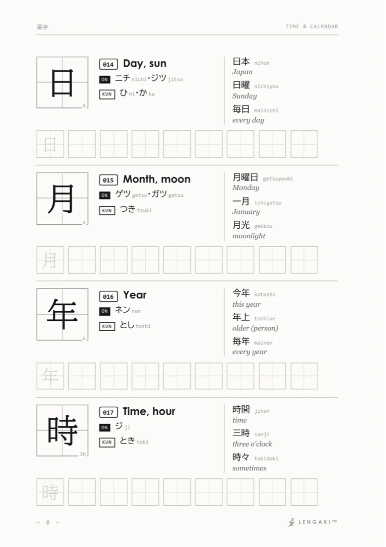 Kanji, page 8 — Time & Calendar