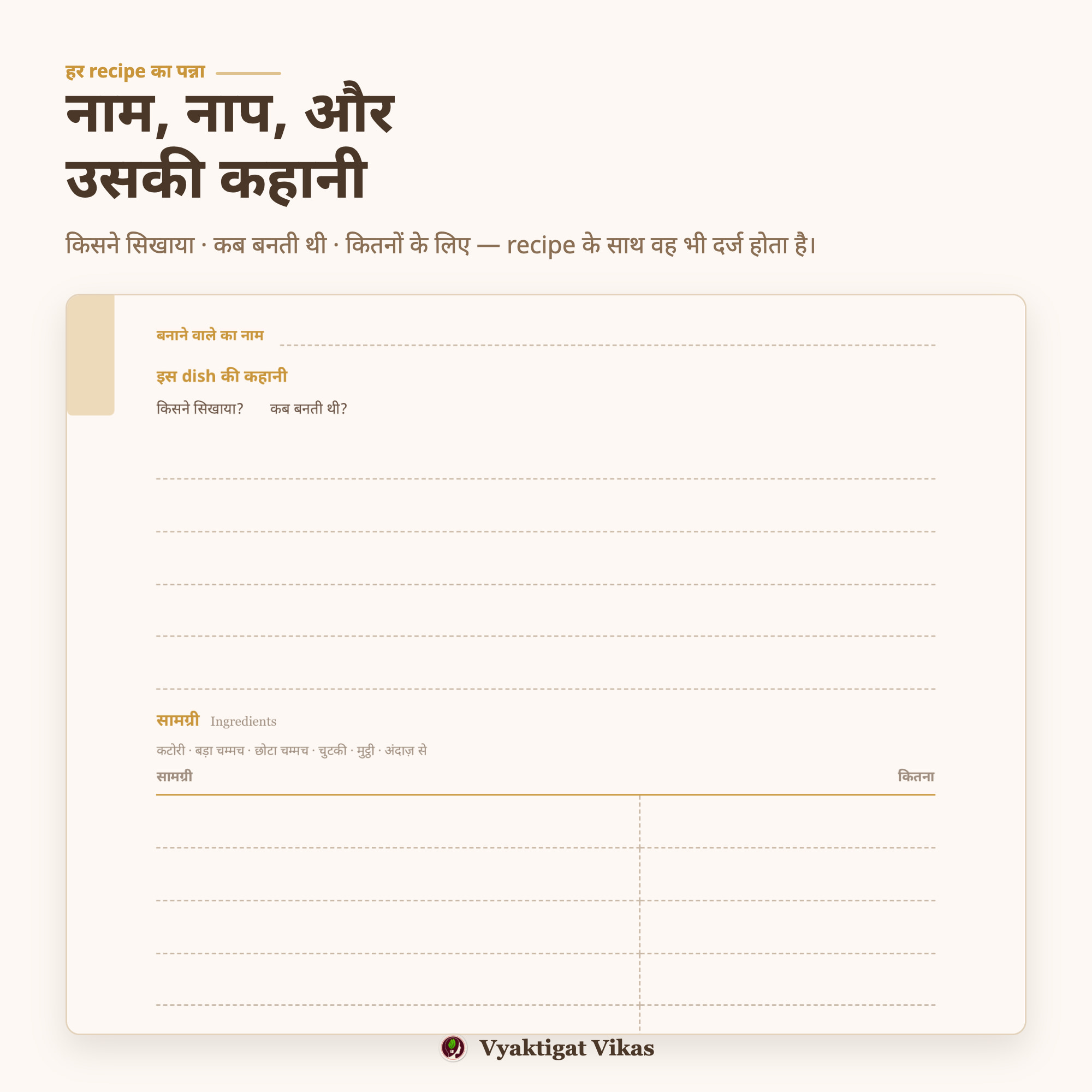 हर recipe का पन्ना — नाम, सामग्री, विधि और उसकी कहानी