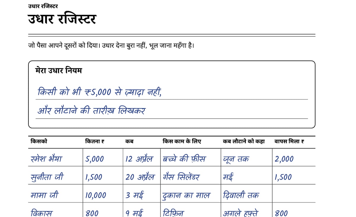 उधार रजिस्टर
