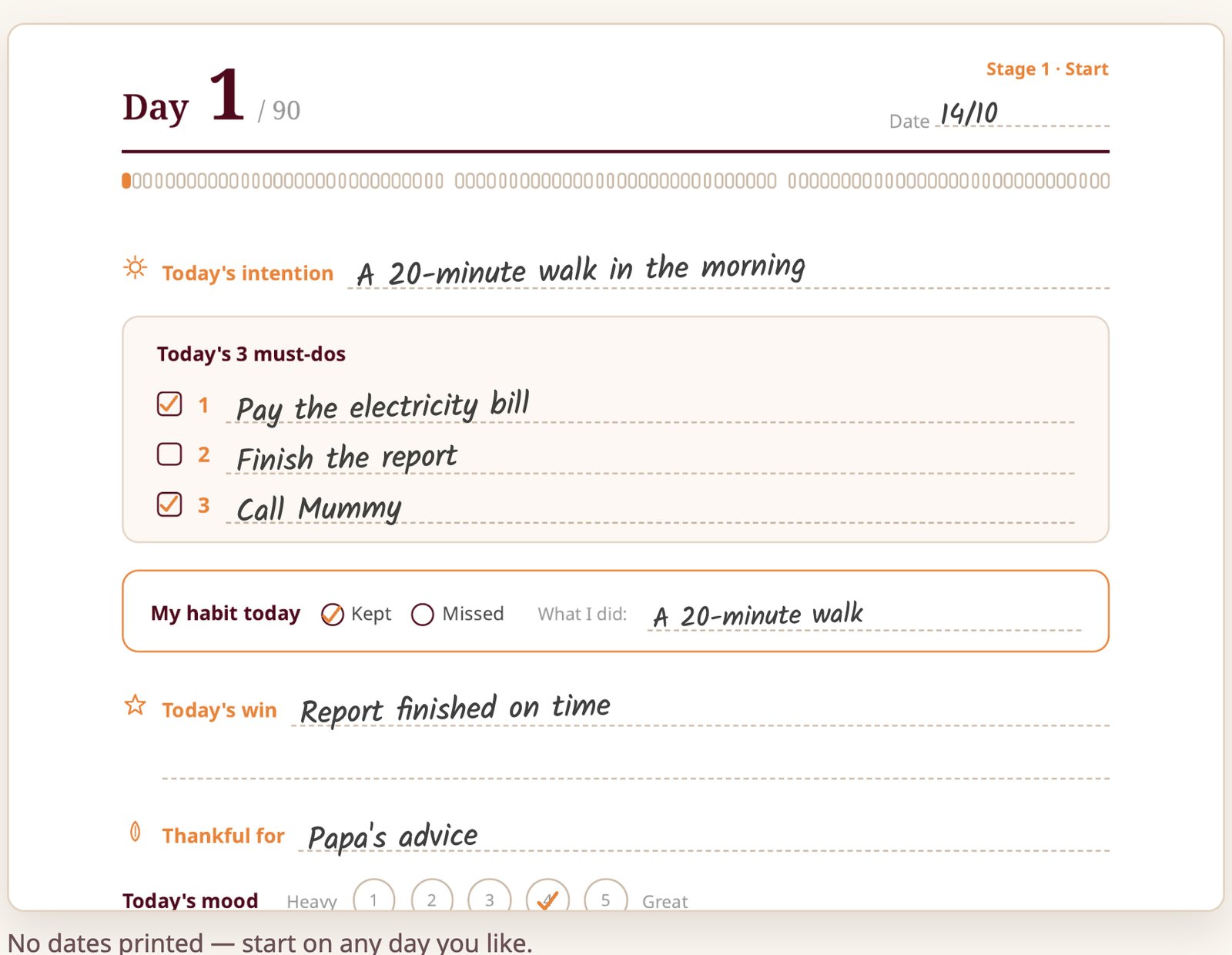 Sankalp 90: the Day 1 page, filled in