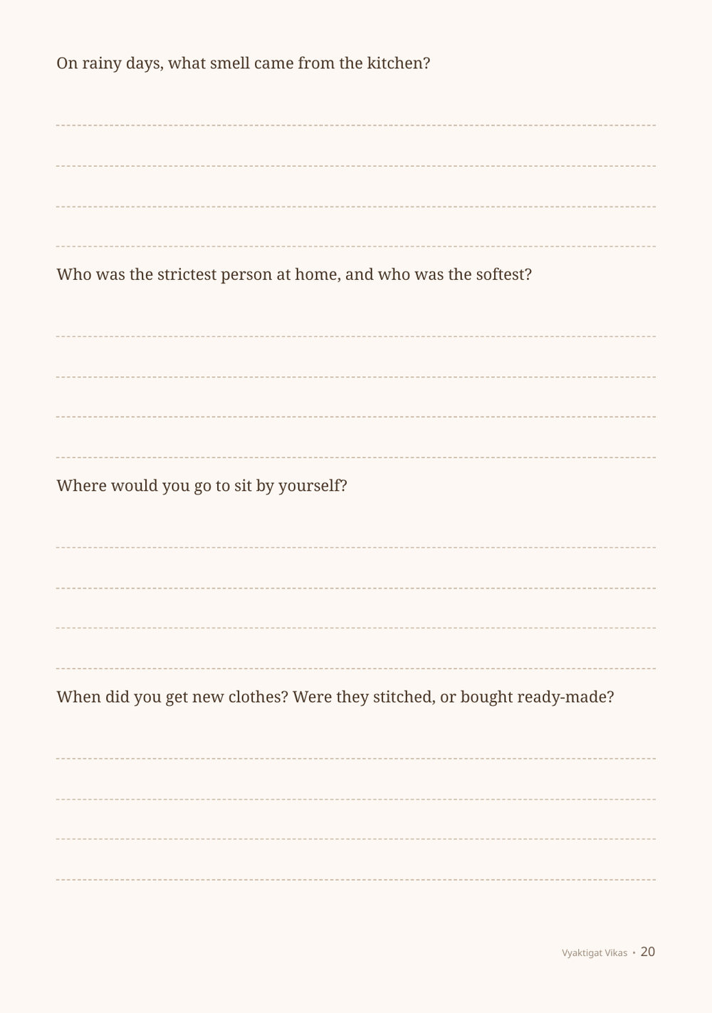 Four more short questions, each with four lines to write on