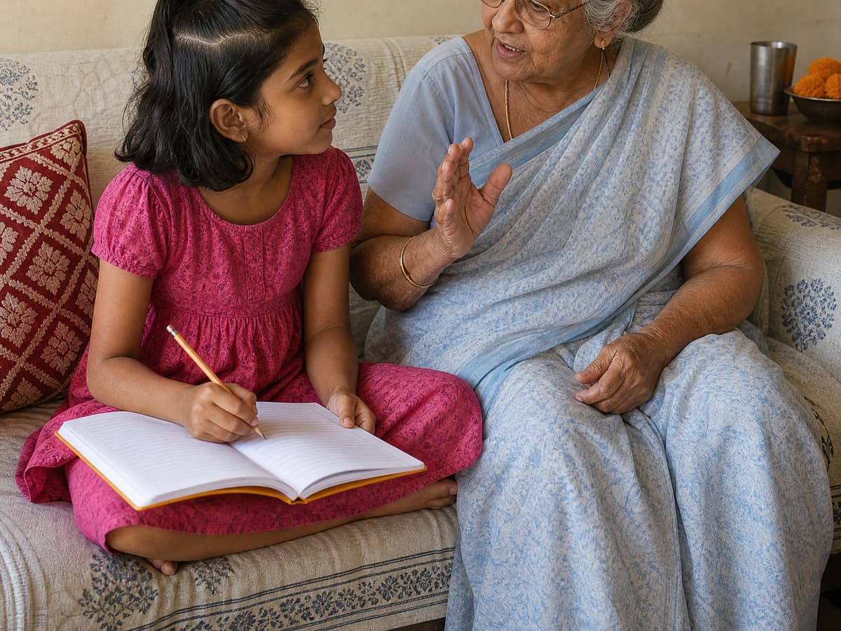 A child with the open book beside her grandmother, pencil in hand