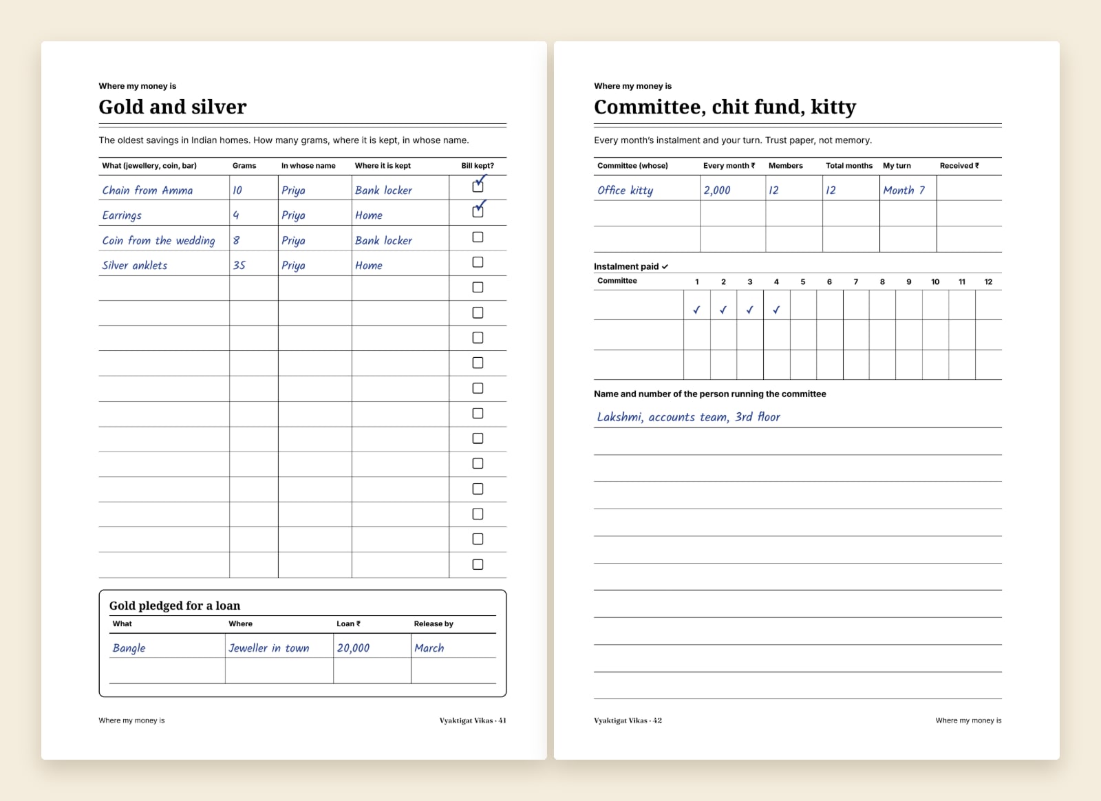 Gold and silver, and the chit fund page — a hand-filled sample