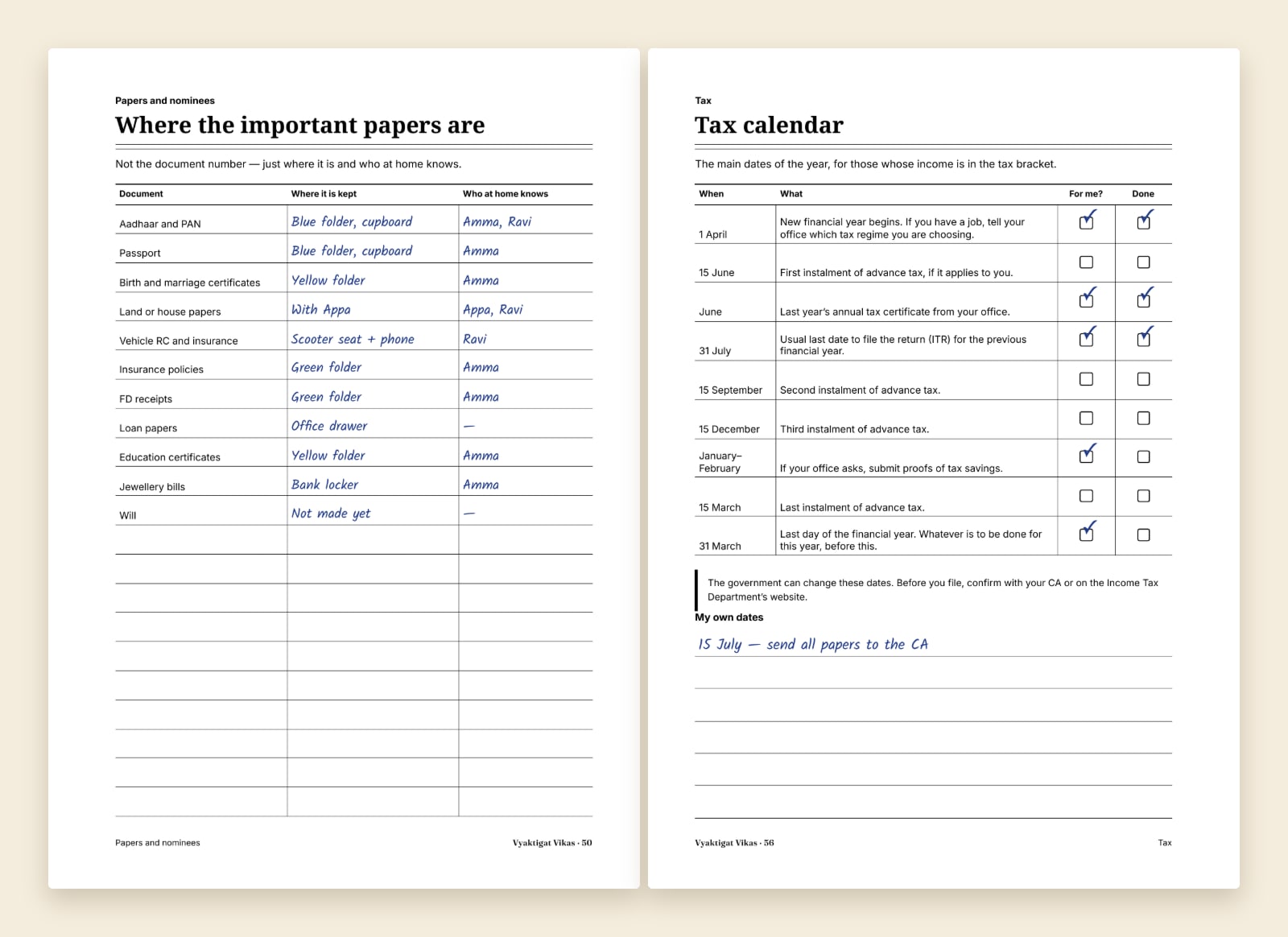 Important papers and the tax calendar — a hand-filled sample