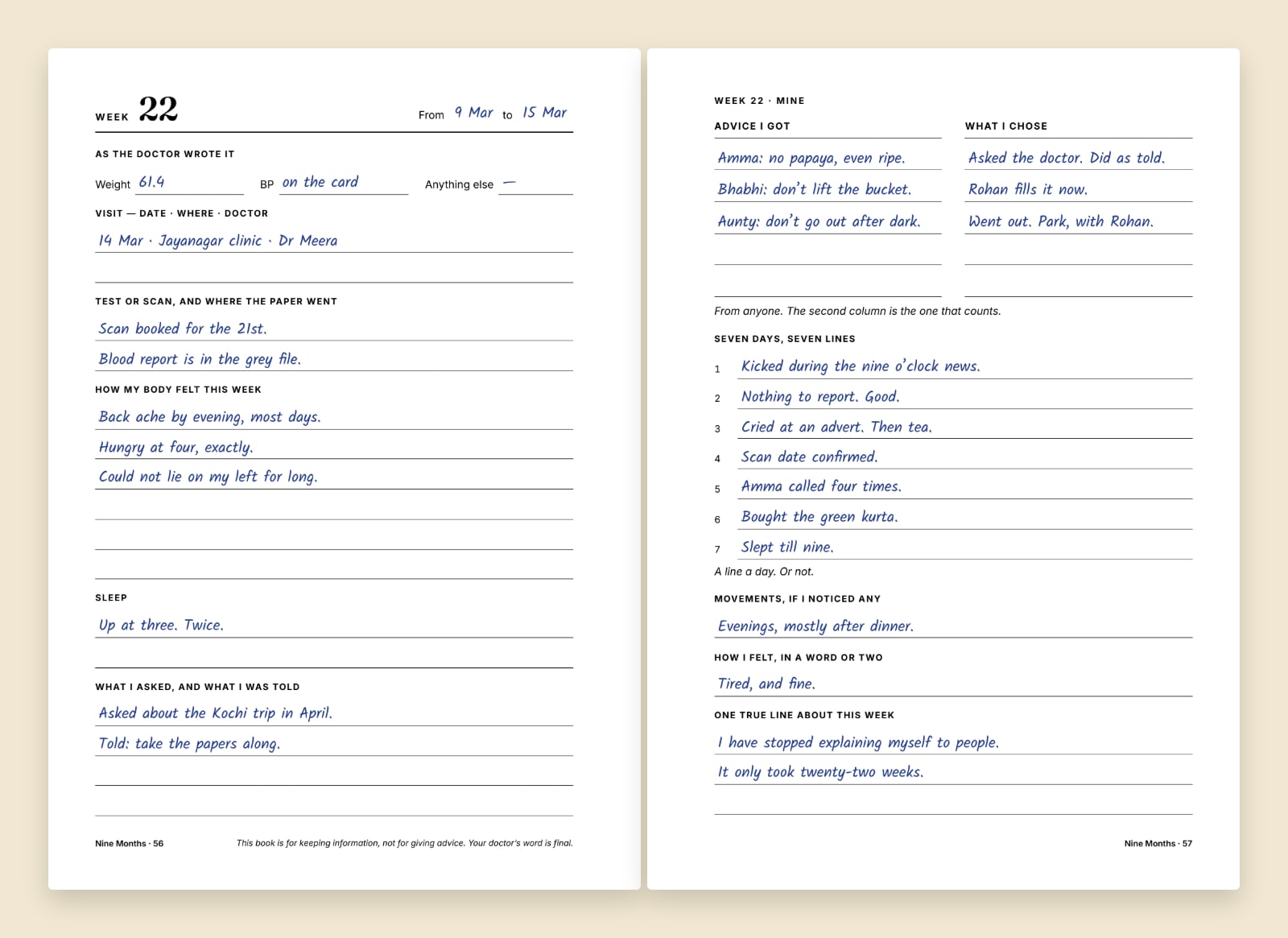 Nine Months: one week of the book, filled in by hand