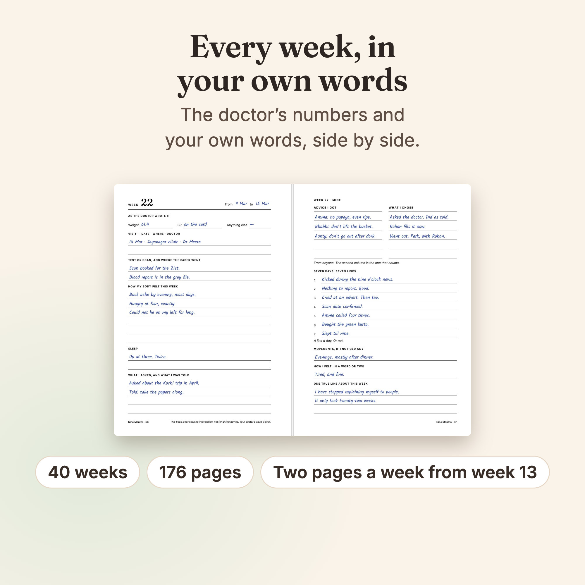 Nine Months: one week across two pages, the record on the left and her own page on the right