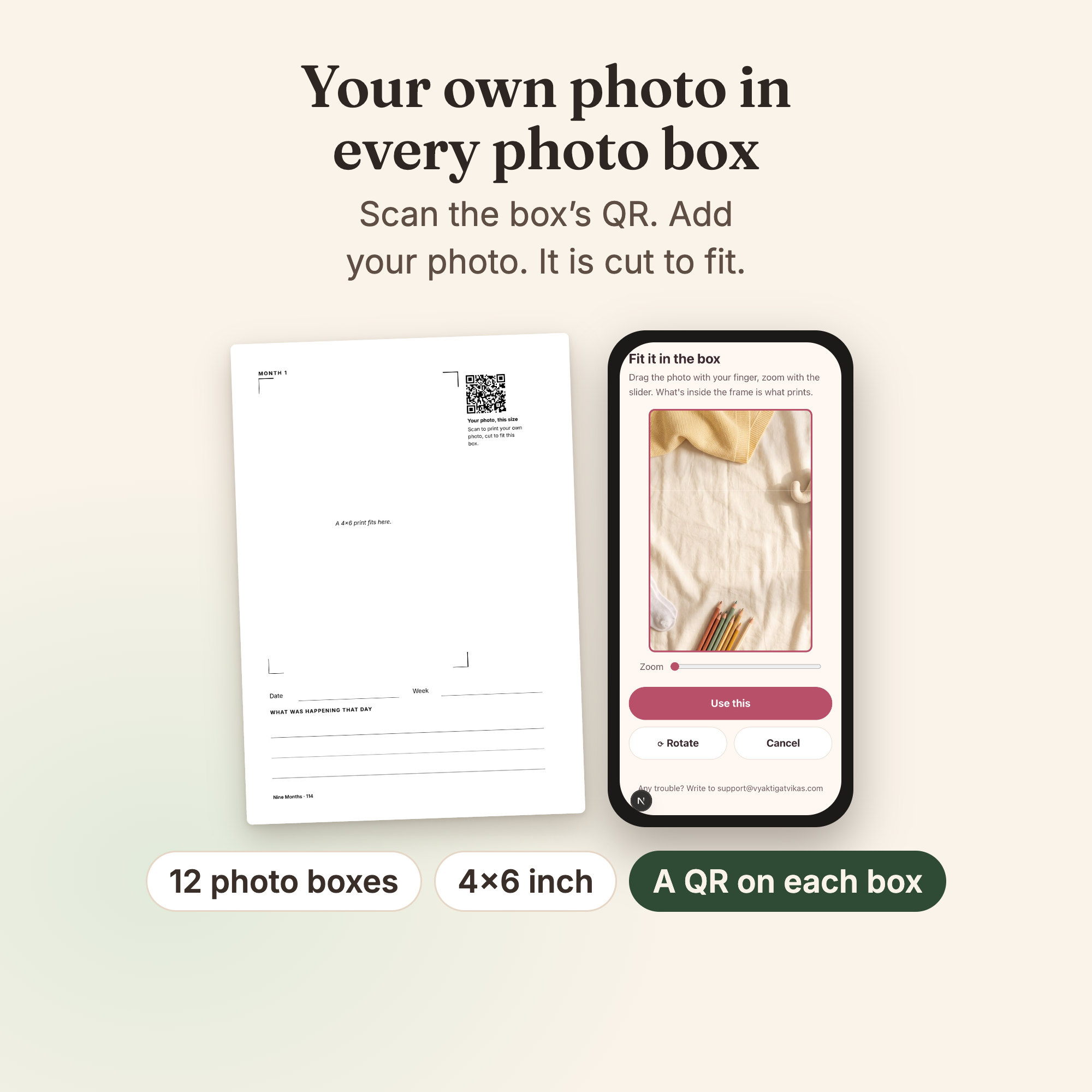 A photo box’s QR being scanned, and the photo cut to the box’s shape in the VV App