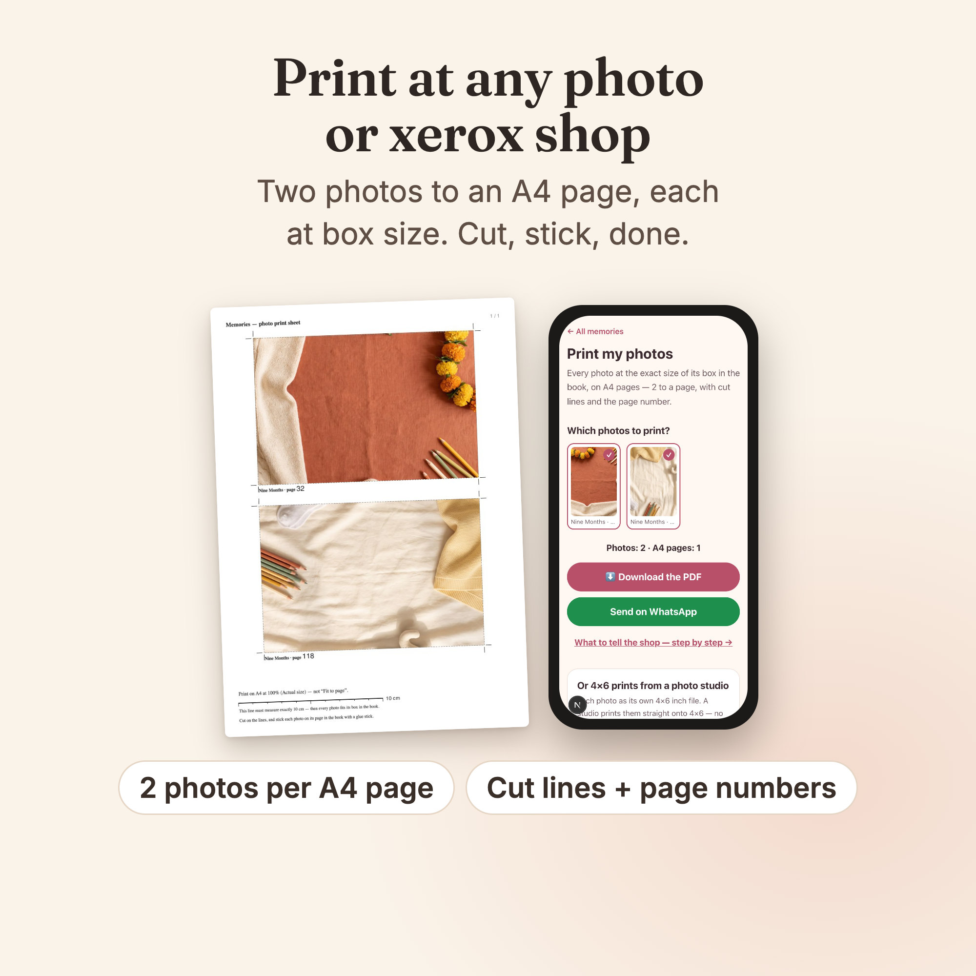 The A4 PDF: each photo at its box size, with cut lines and page numbers