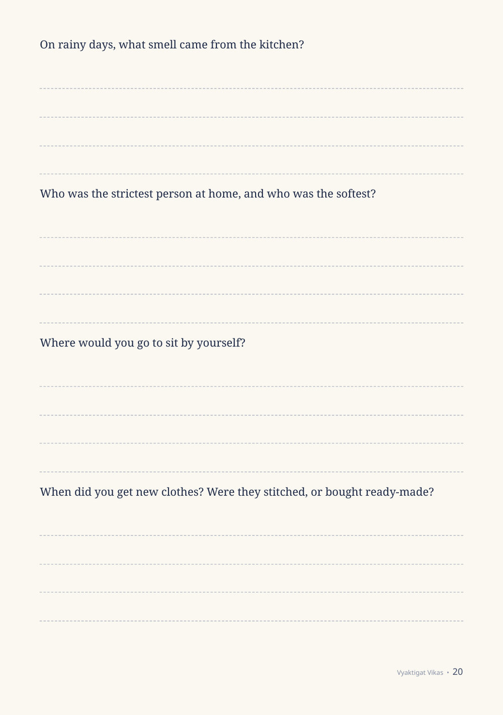 Four more short questions, each with four lines to write on