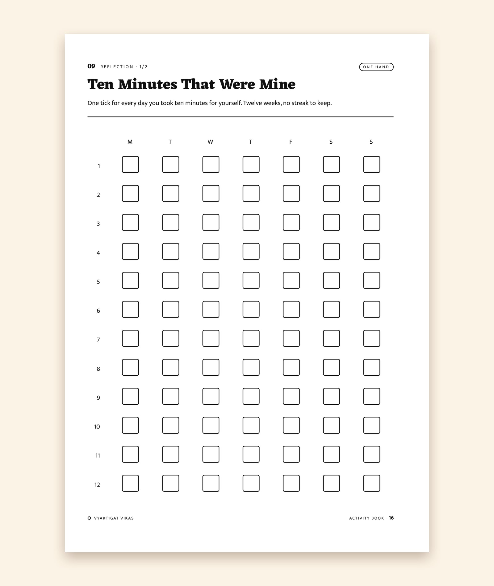 The page “Ten Minutes That Were Mine”, a grid of boxes with one to tick for each day